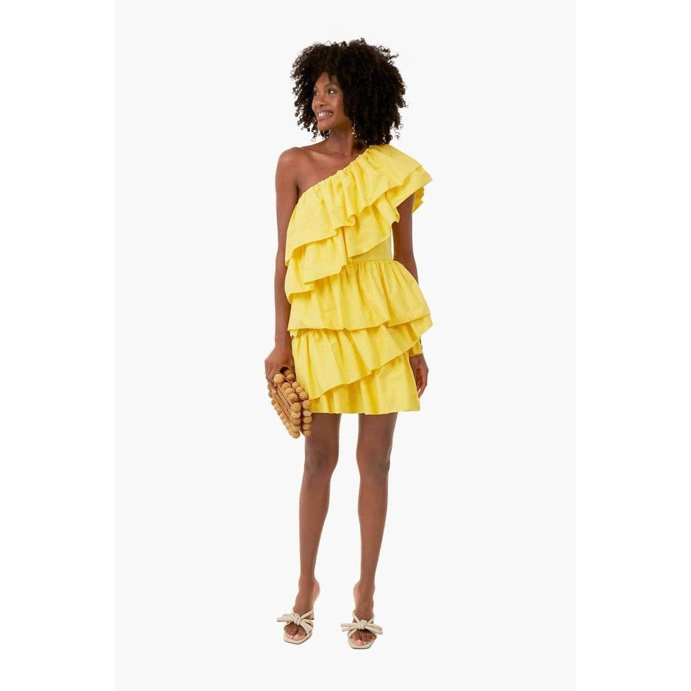 Hyacinth House One Shoulder Tiered Ruffle Mini Dress‎ Boho Yellow Women's Medium